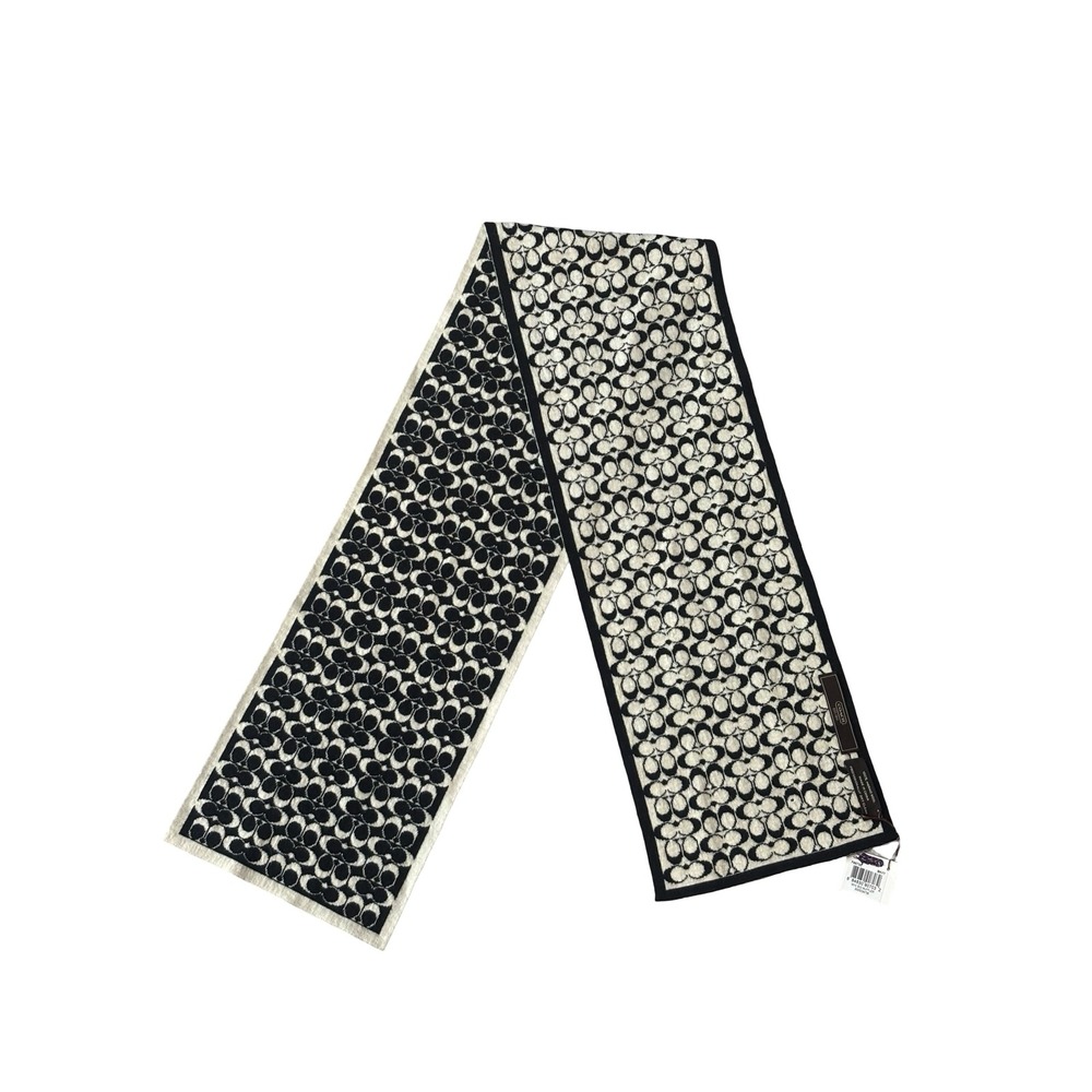 Coach Mini Sig Muffler Reversible Scarf Black Ivory 100% Merino Wool F98730 NWT